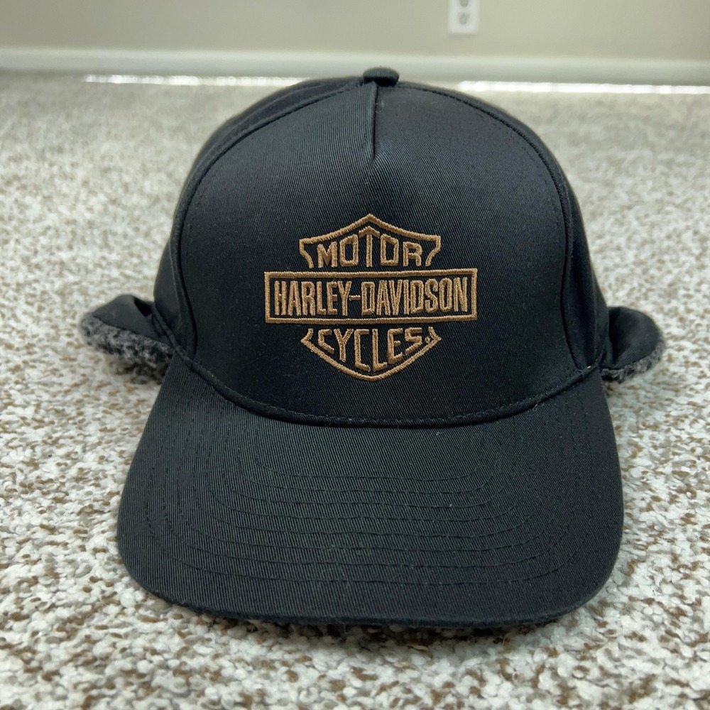 Harley Davidson Mens Hat Cap Medium Black Ear Flap Winter Warm Motorcycle‎ Logo